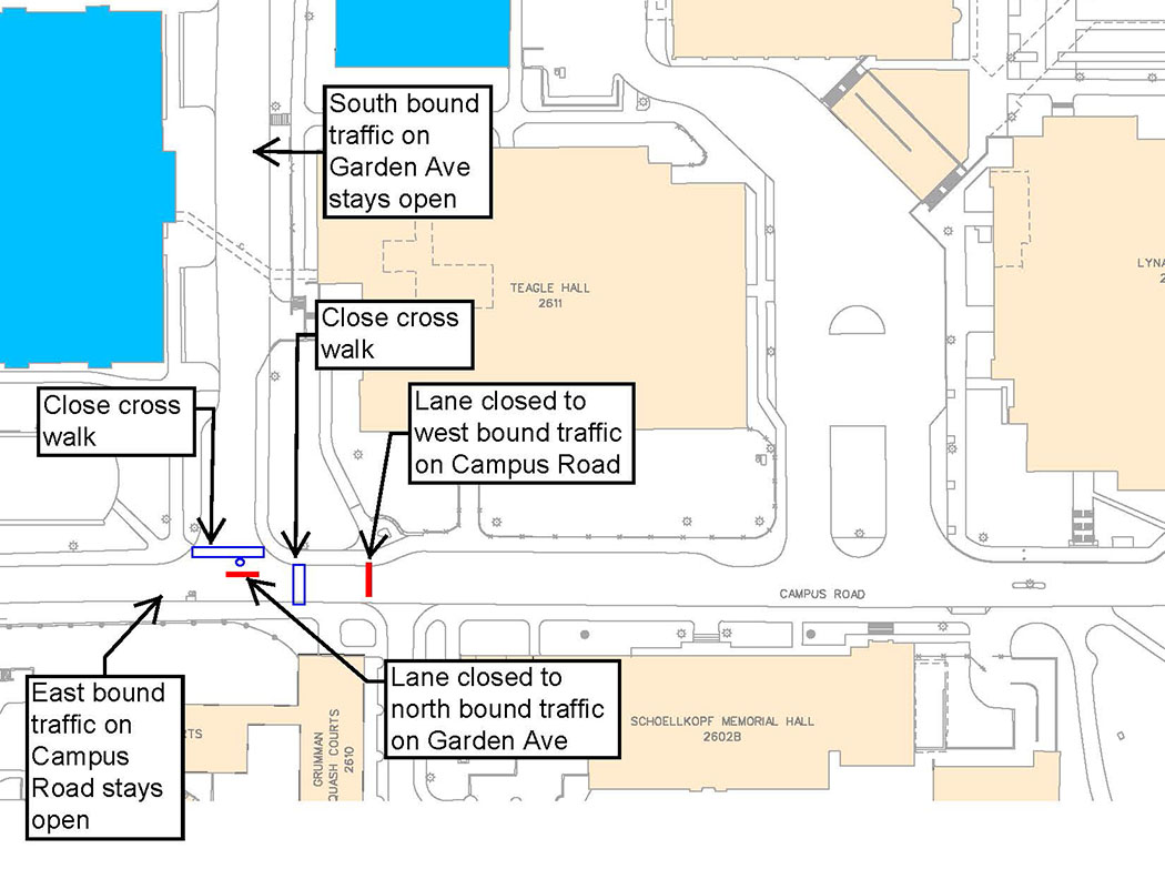 Map showing intersection of Campus Rd and Garden Ave Closure