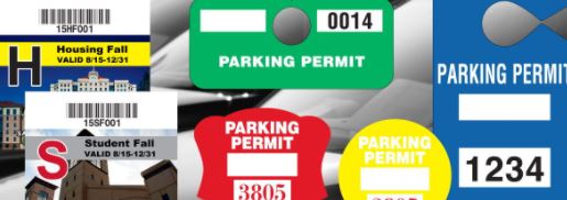 a collage image of parking hangtags and decals