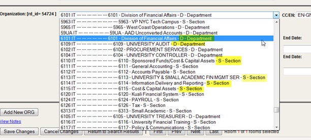 The following snapshot shows the ORG menu with S and D level examples highlighted.