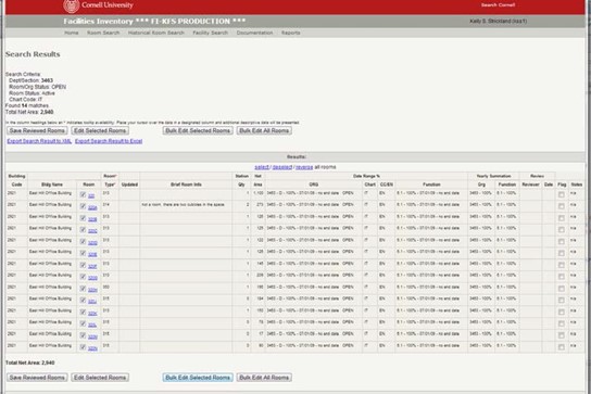 screen shot of Facility Inventory System page with open rooms in the org search
