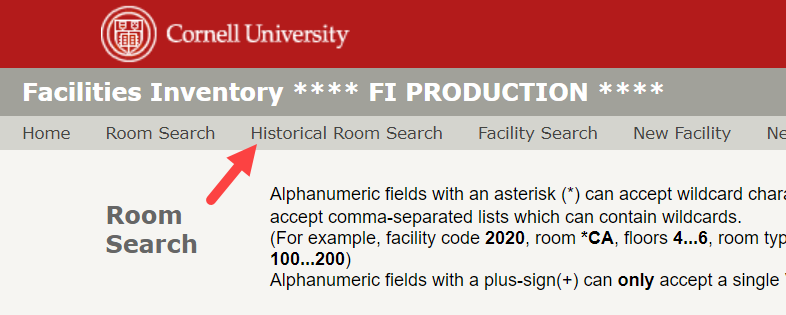 Link to historical room search in facilities inventory