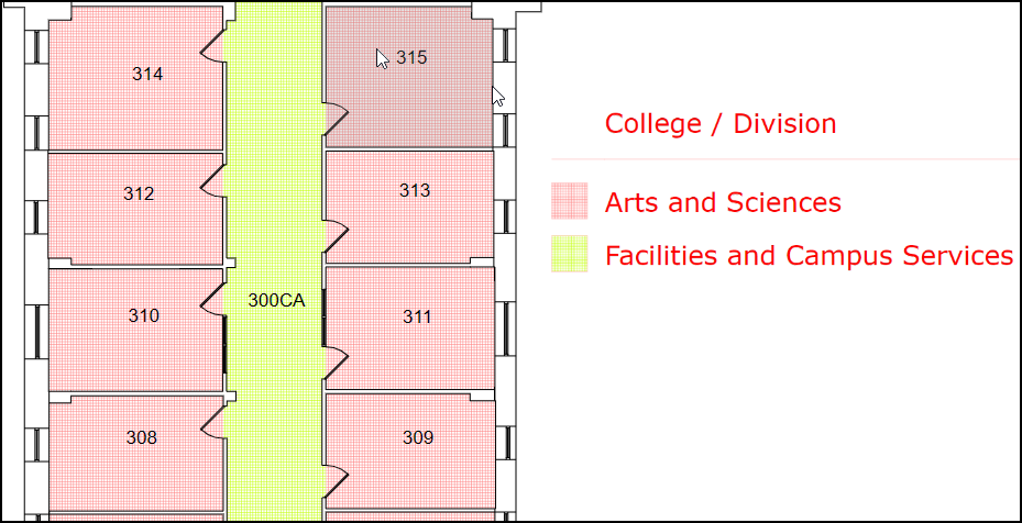 Floor plan with corridor colored yellow, rooms colored pink. Legend associates yellow with "Facilities and Campus Services" and pink with "Arts and Sciences"