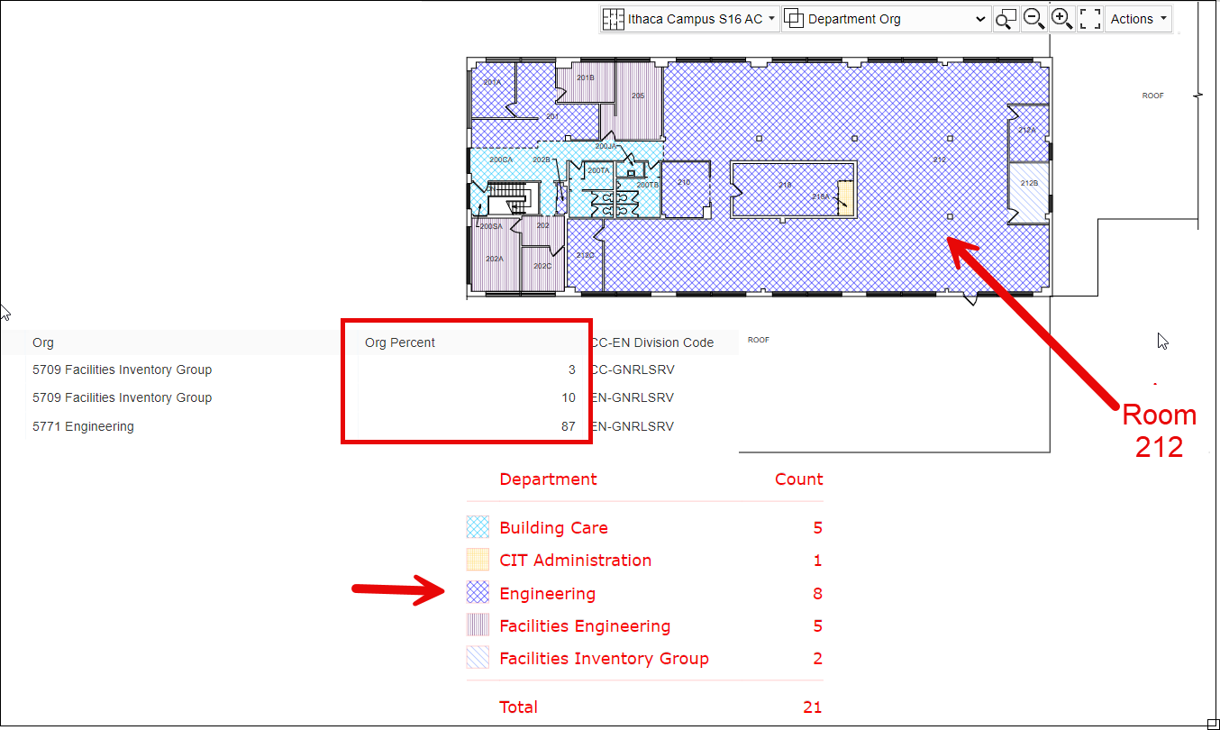Shared rooms on floor plans display the color of just one of the sharing departments