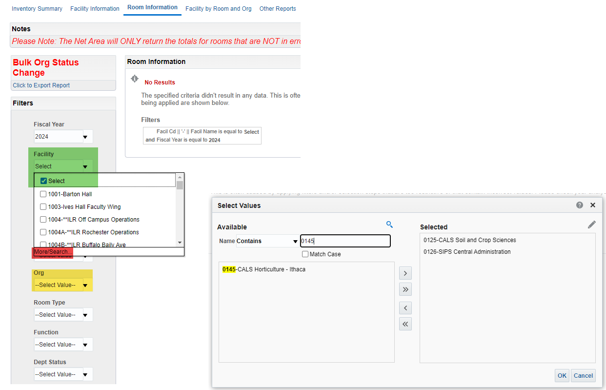 Uncheck Facility "Select" and choose KFS orgs.