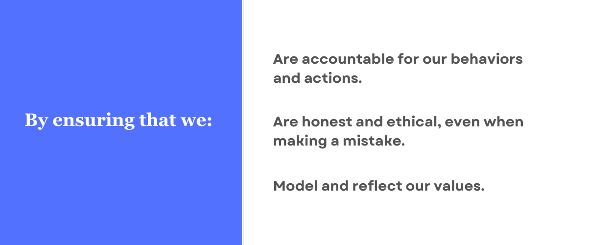 By ensuring that we: are accountable for our behaviors and actions. Are honest and ethical, even when making a mistake. Model and reflect our values.