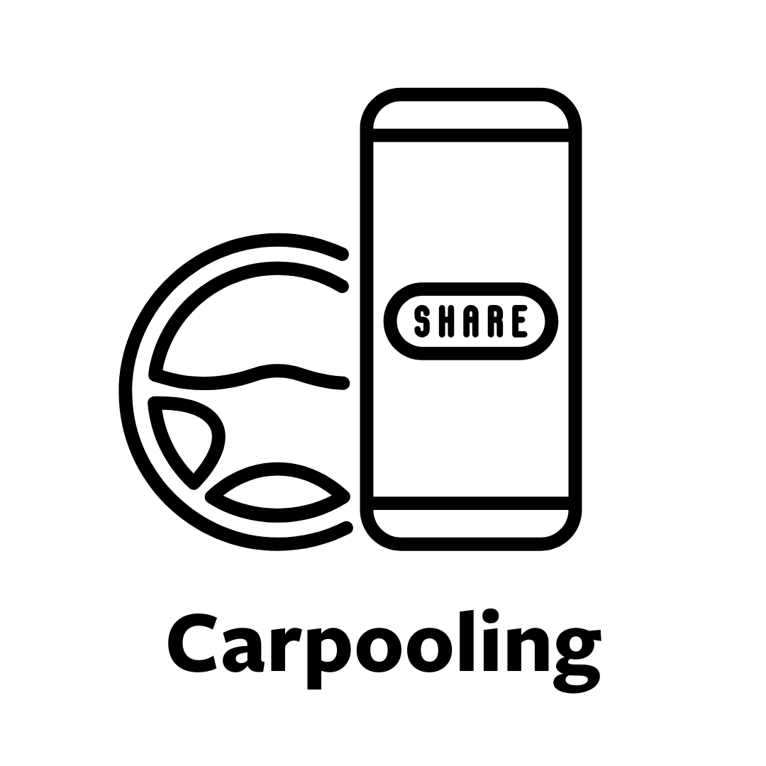 graphic of a steering wheel and phone with the word "share" on the screen, with the word "carpooling" beneath