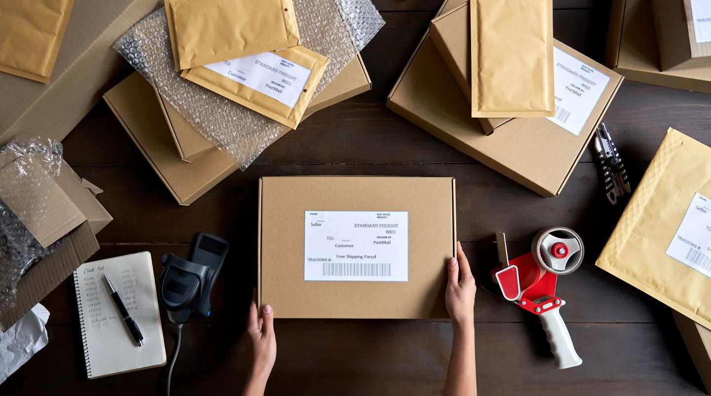 photo of package being placed on a table with other packages