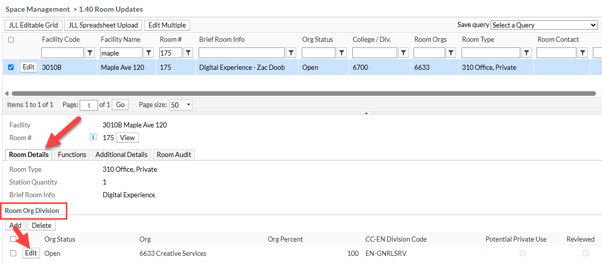 Edit button under "Room Org Division" in "Room Details" tab changes unit associated with rooms.
