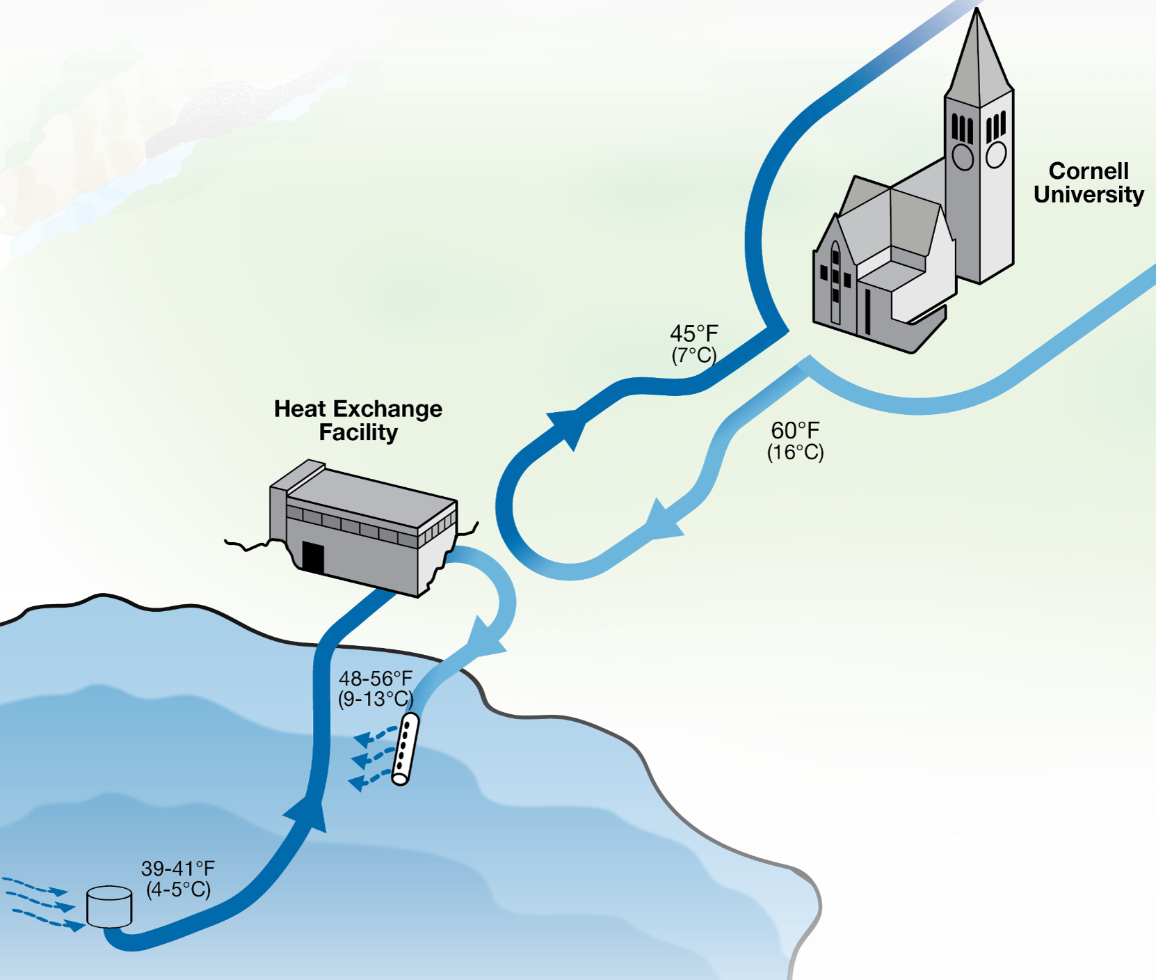Lake Source Cooling system explanatory graph shows loop intaking water to heat exchange facility, passing temperature to second loop campus loop with no contact and returning water to Cayuga lake