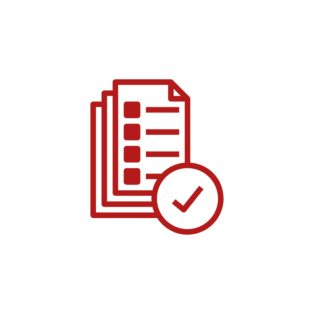red graphic of pages and a checkmark