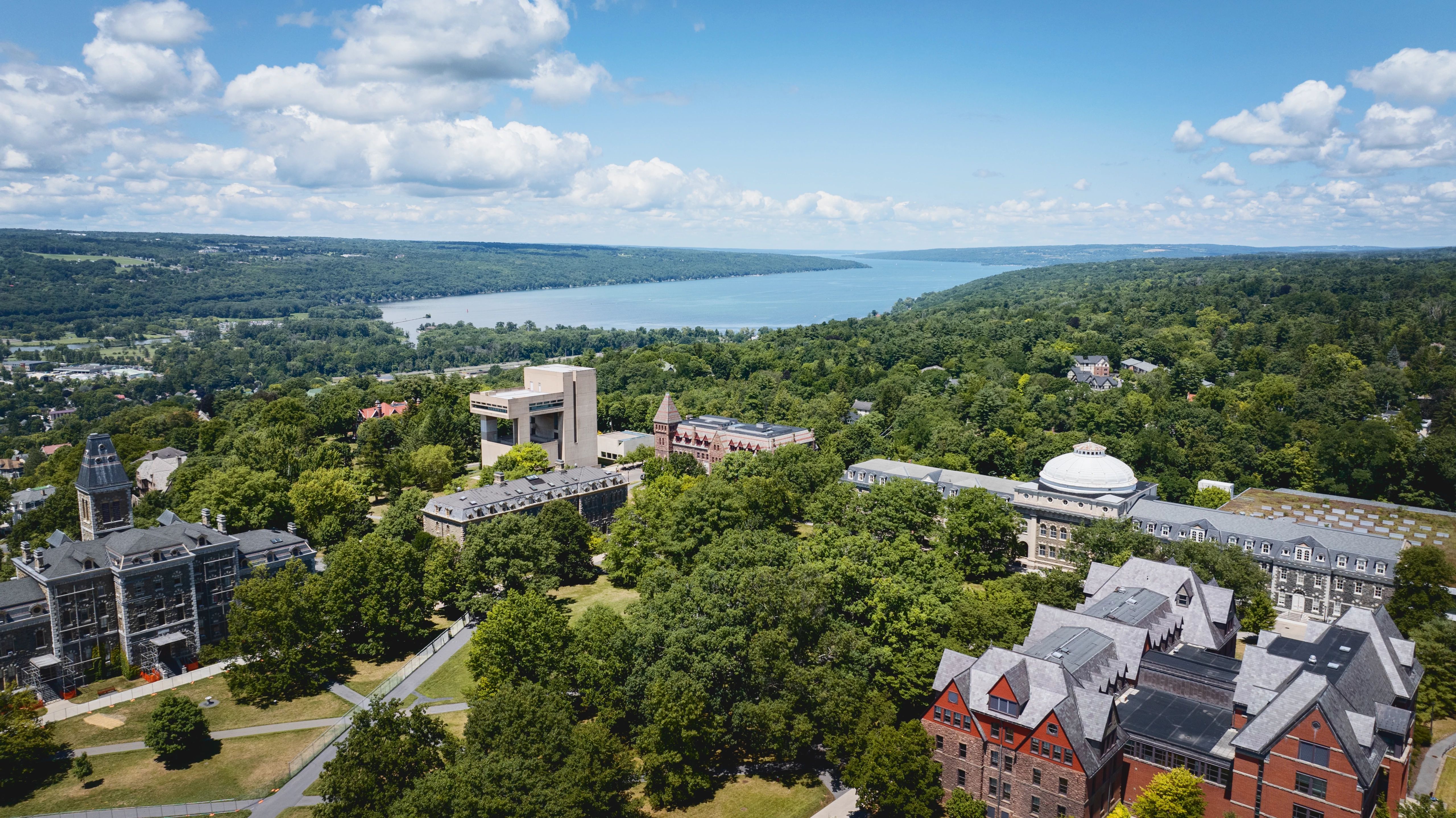 Aerial picture of campus with Cayuga lake in the background