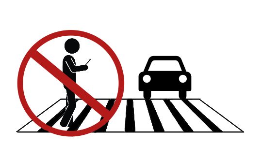 graphic of a "do not" symbol over a person walking across a crosswalk on their phone