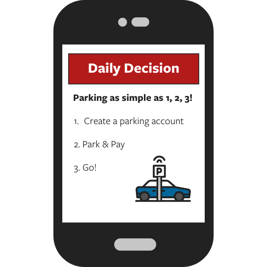 Daily Decision, parking as simple as 1, 2, 3! 1. Create a parking account. 2. Park & Pay. 3. Go!