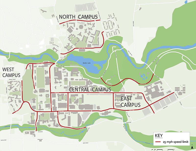 campus map showing roads with reduced speed limits